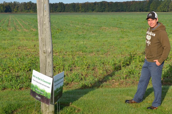 WE’VE GOT IT COVERED! – Brandon Coleman, of Coleman Farms near Kippen, Ontario, is one of the local agricultural producers planting cover crops. New signs, saying ‘We’ve Got it Covered!’ are in place at several farms of participating landowners in Bayfield and Lake Huron tributary watersheds.